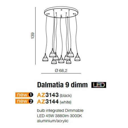 Biała lampa wisząca LED na okrągłej podsufitce AZ3144 z serii DALMATIA - wymiary