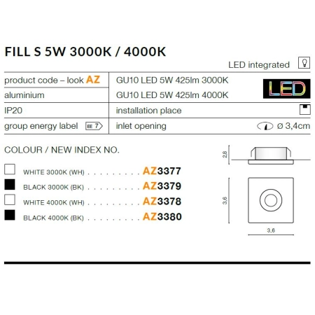 Biała oprawa wpustowa LED oczko kwadratowe 3000K AZ3377 z serii FILL - wymiary