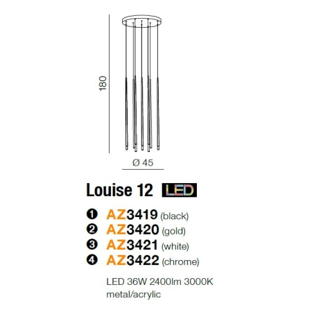 Czarna lampa wisząca LED 3000K wąski tuby AZ3419 z serii LOUISE - wymiary