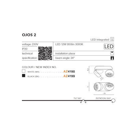 Czarny natynkowy spot podwójny nowoczesny regulowany AZ4199 z serii OJOS - wymiary