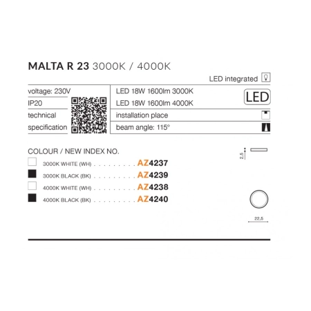 Klasyczny okrągły biały plafon LED 3000K AZ4237 z serii MALTA - wymiary