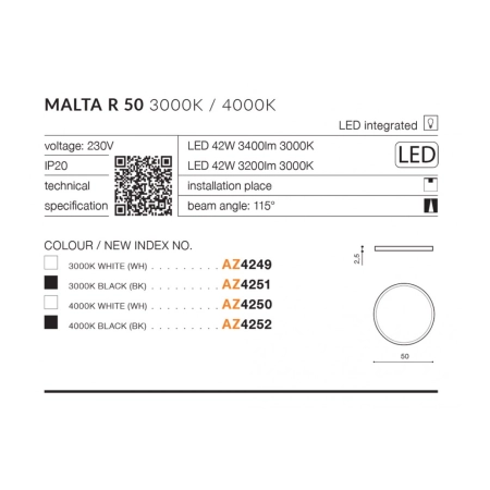 Okrągły szeroki klasyczny biały plafon LED AZ4249 z serii MALTA - wymiary