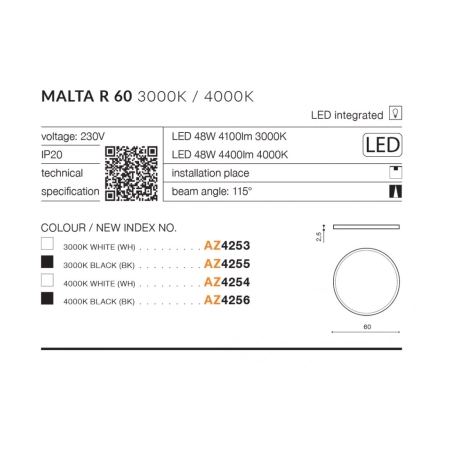 Szeroki biały klasyczny plafon LED biały 60cm 3000K AZ4253 z serii MALTA - wymiary