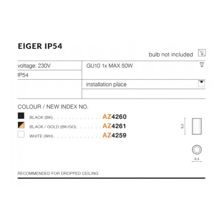 Czarno-złoty elegancki spot tuba GU10 IP54 AZ4261 z serii EIGER - wymiary