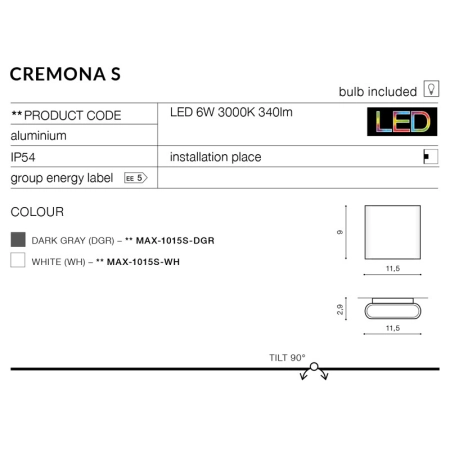 Nowoczesny czarny kinkiet zewnętrzny elewacyjny AZ4339 z serii CREMONA - wymiary