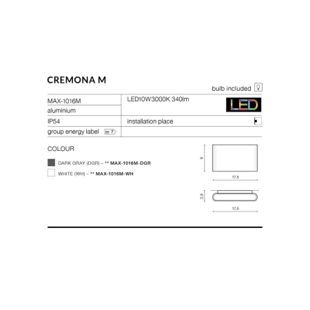 Czarny kinkiet zewnętrzny LED 3000K na taras AZ4340 z serii CREMONA - wymiary