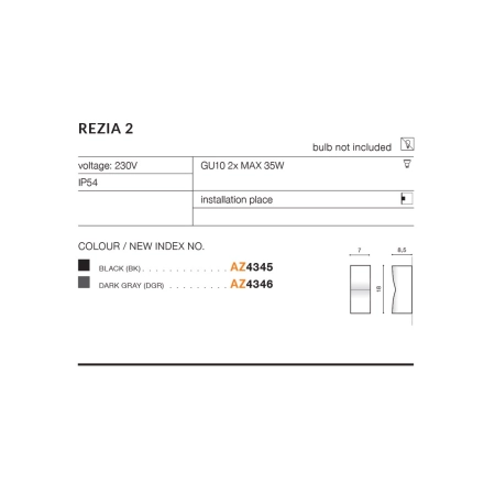 Czarna zewnętrzna lampa ścienna dwukierunkowa AZ4345 z serii REZIA - wymiary