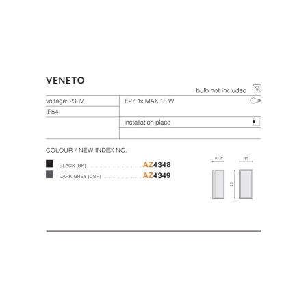 Czarny kinkiet zewnętrzny prostokątny nowoczesny E27 AZ4348 z serii VENETO - wymiary