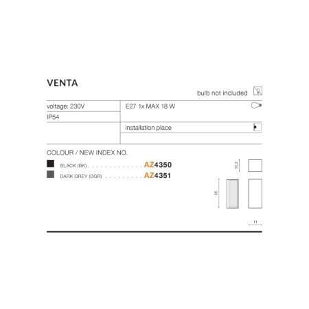 Zewnętrzna lampa ścienna czarna prostokątna E27 AZ4350 z serii VENTA - wymiary