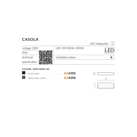 Czarny zewnętrzny kinkiet elewacyjny LED 3000K AZ4355 z serii CASOLA - wymiary