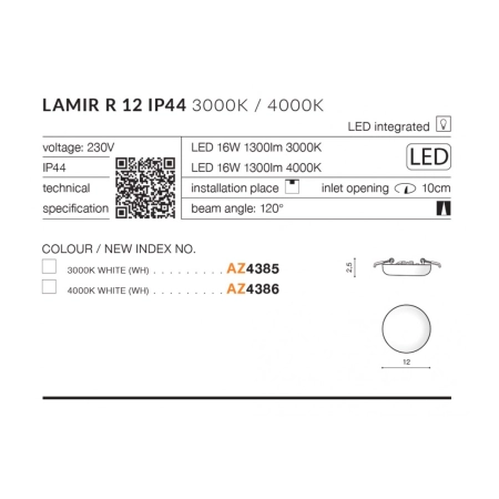 Biała oprawa podtynkowa LED oczko do łazienki AZ4385 z serii LAMIR - wymiary
