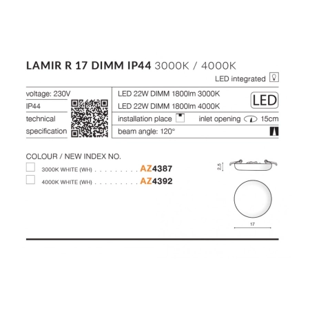 Biała oprawa podtynkowa oczko łazienkowe LED AZ4387 z serii LAMIR - wymiary