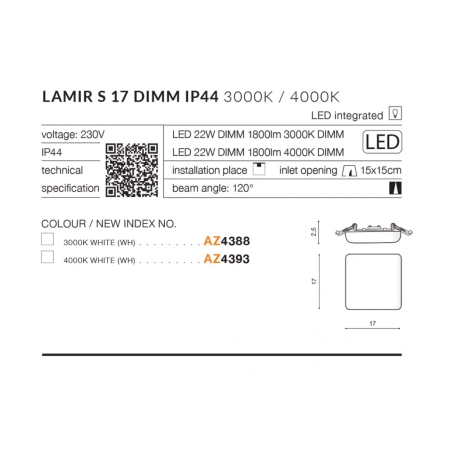 Kwadratowa biała lampa podtynkowa LED do łazienki AZ4388 z serii LAMIR - wymiary