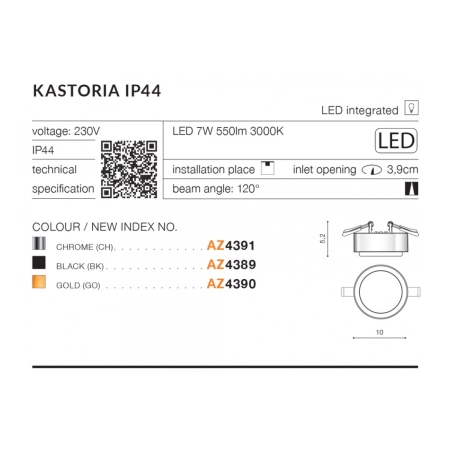 Chromowane okrągłe oczko wpustowe LED łazienkowe AZ4391 z serii KASTORIA - wymiary