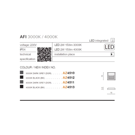 Nowoczesna, kwadratowa lampa zewnętrzna LED na taras AZ4513 z serii AFI - wymiary