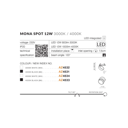 Biały spot podtynkowy LED tuba ruchoma 4000K AZ4534 z serii MONA - wymiary