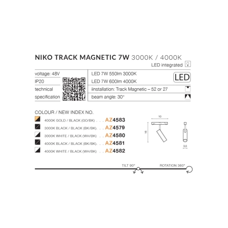 Reflektor LED do szyny magnetycznej 1-fazowej AZ4579 z serii NIKO - wymiary