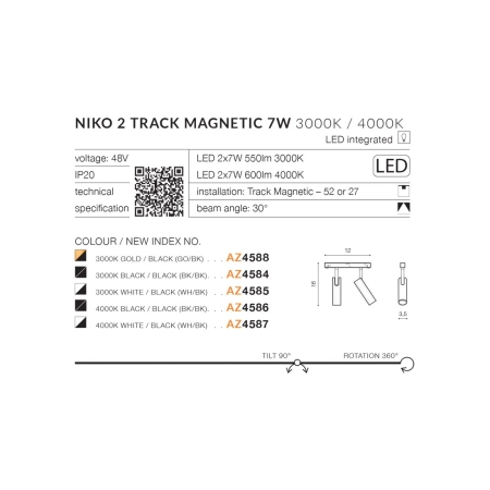 Podwójny reflektor LED do szyny magnetycznej 1-fazowej AZ4587 z serii NIKO - wymiary