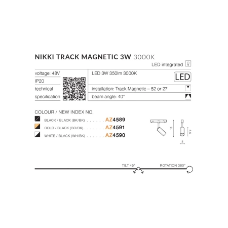 Głowica LED do szyny magnetycznej 1-fazowej AZ4590 z serii NIKKI - wymiary