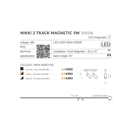 Podwójna oprawa LED do szyny magnetycznej 1-fazowej AZ4594 z serii NIKKI - wymiary