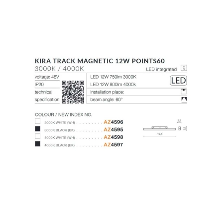 Czarna głowica LED 19,5cm 12W 4000K AZ4597 z serii KIRA ALFA MAGNETIC 48V - wymiary