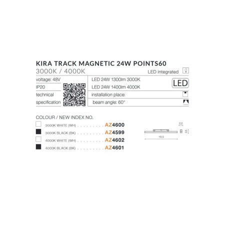 Płaska głowica LED 19,5cm 24W 4000K AZ4601 z serii KIRA ALFA MAGNETIC 48V - wymiary