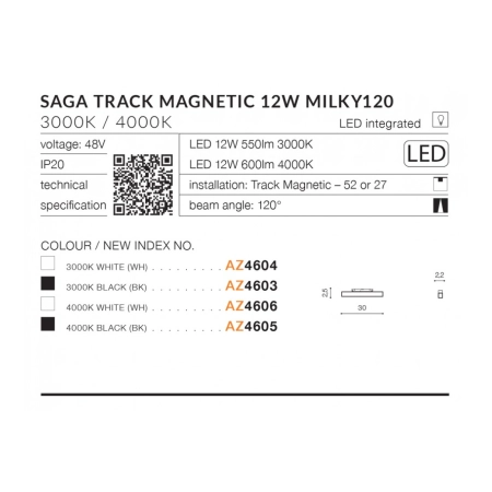 Listwa LED do szyny magnetycznej 1-fazowej AZ4603 z serii SAGA - wymiary