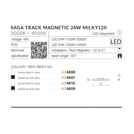 Płaska głowica LED do szyny magnetycznej jednofazowej AZ4607 z serii SAGA - wymiary