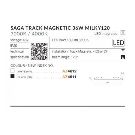 Płaska głowica LED do szyny magnetycznej 1-fazowej AZ4611 z serii SAGA - wymiary