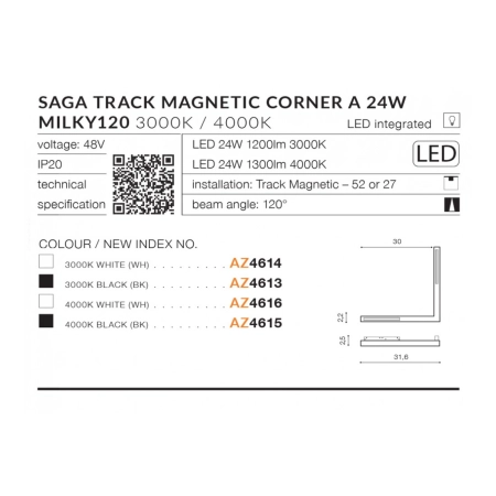 Rogowy reflektor LED do szyny magnetycznej 1-fazowej AZ4614 z serii SAGA - wymiary