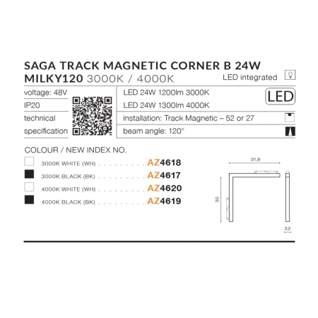 Narożna głowica LED do szyny jednofazowej magnetycznej AZ4618 z serii SAGA - wymiary