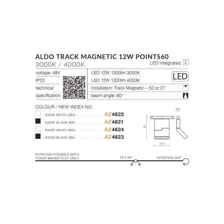 Biała głowica LED do szyny magnetycznej 1-fazowej AZ4622 z serii ALDO - wymiary