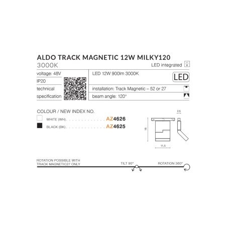 Biała głowica LED do szyny 1-fazowej magnetycznej AZ4626 z serii ALDO - wymiary