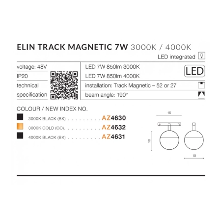 Czarno-biała kula LED do szyny jednofazowej magnetycznej AZ4630 z serii ELIN - wymiary