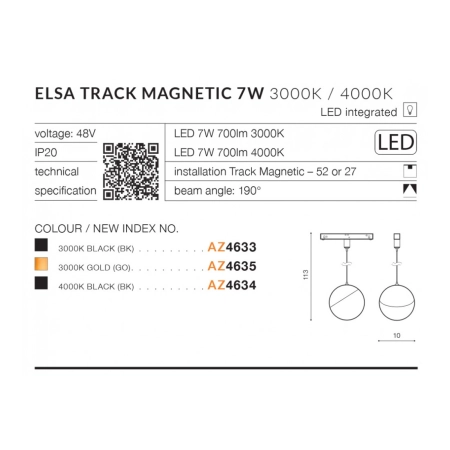 Czarno-biała lampa do szyny jednofazowej magnetycznej AZ4633 z serii ELSA - wymiary