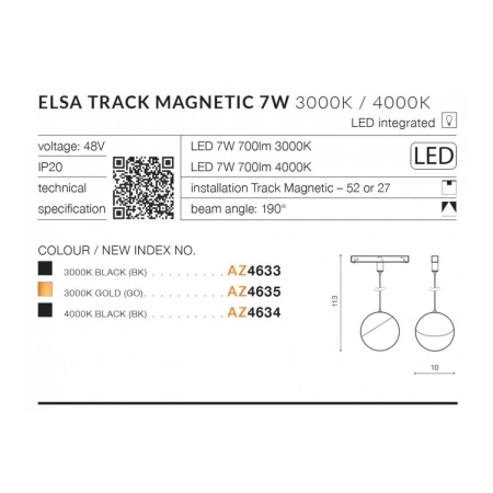 Głowica do szyny 1-fazowej 7W 4000K AZ4634 z serii ELSA ALFA MAGNETIC 48V - wymiary