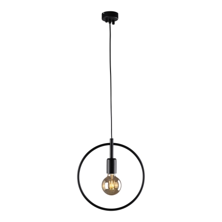 Czarna nowoczesna lampa wisząca z geometrycznym kloszem w kształcie okręgu, jednym źródle światła i regulowanym zwisie