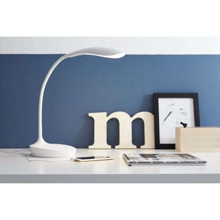 Biała nowoczesna lampka biurkowa z gniazdem USB 106093 z serii SWAN 2
