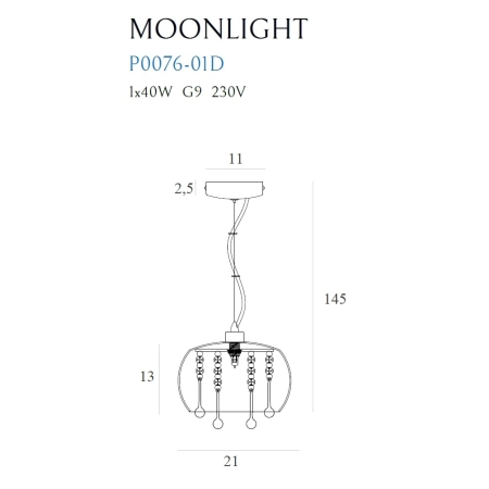 Mała, ozdobna lampa wisząca do sypialni MX P0076-01D z serii MOONLIGHT - wymiary