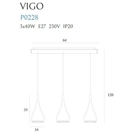 Potrójna, chromowana lampa wisząca nad stół MX P0228 z serii VIGO - wymiary
