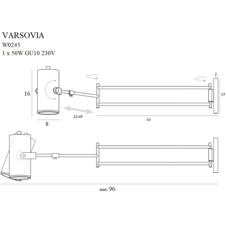 Kinkiet na regulowanym ramieniu, wysięgnik MX W0245 z serii VARSOVIA - wymiary