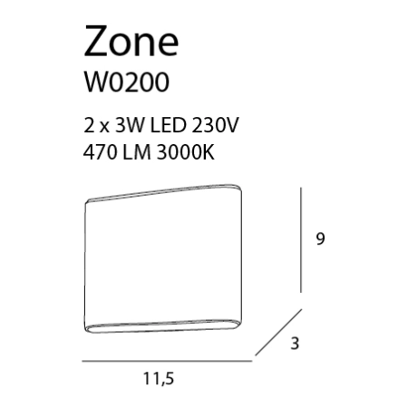 Ledowy, biały kinkiet dwukierunkowy 11,5cm MX W0200 z serii ZONE - wymiary