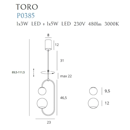 Złota lampa wisząca z dwoma białymi kloszami MX P0385 z serii TORO - wymiary