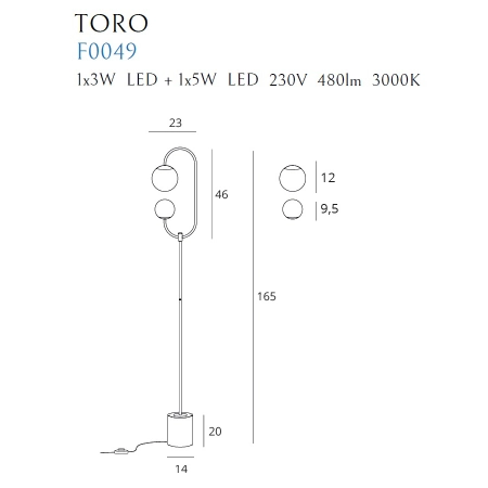 Złota lampa stojąca na marmurowej podstawie MX F0049 z serii TORO - wymiary