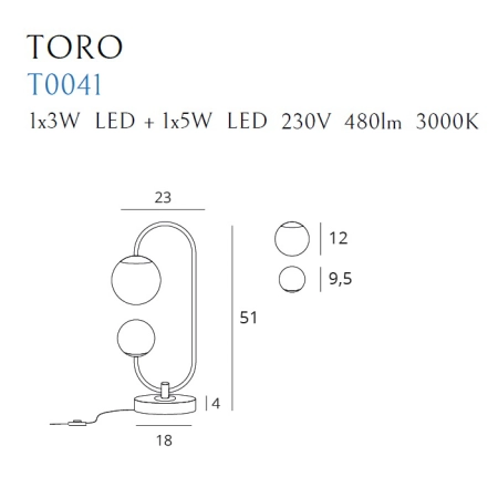 Designerska lampka biurkowa z okrągłymi kloszami MX T0041 z serii TORO - wymiary
