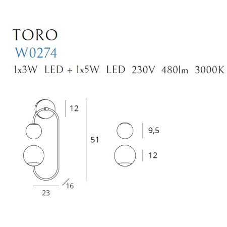 Dekoracyjna, złota lampa ścienna z kloszami MX W0274 z serii TORO - wymiary