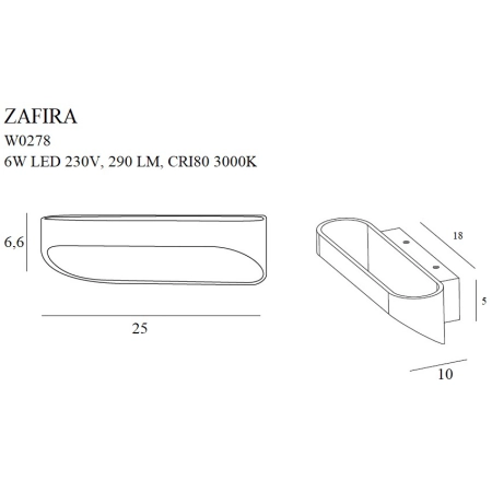 Czarna lampa ścienna LED, oświetlenie dwukierunkowe MX W0278 z serii ZAFIRA - wymiary