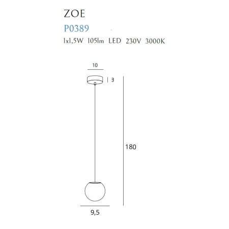 Minimalistyczna, lampa wisząca LED z okrągłym kloszem MX P0389 z serii ZOE - wymiary