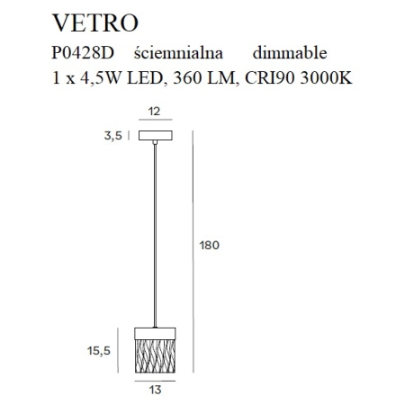 Złota, ściemnialna lampa wisząca LED MX P0428D z serii VETRO - wymiary