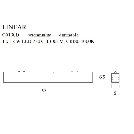 Ściemnialny, prosty plafon LED do holu 57cm MX C0190D z serii LINEAR - wymiary